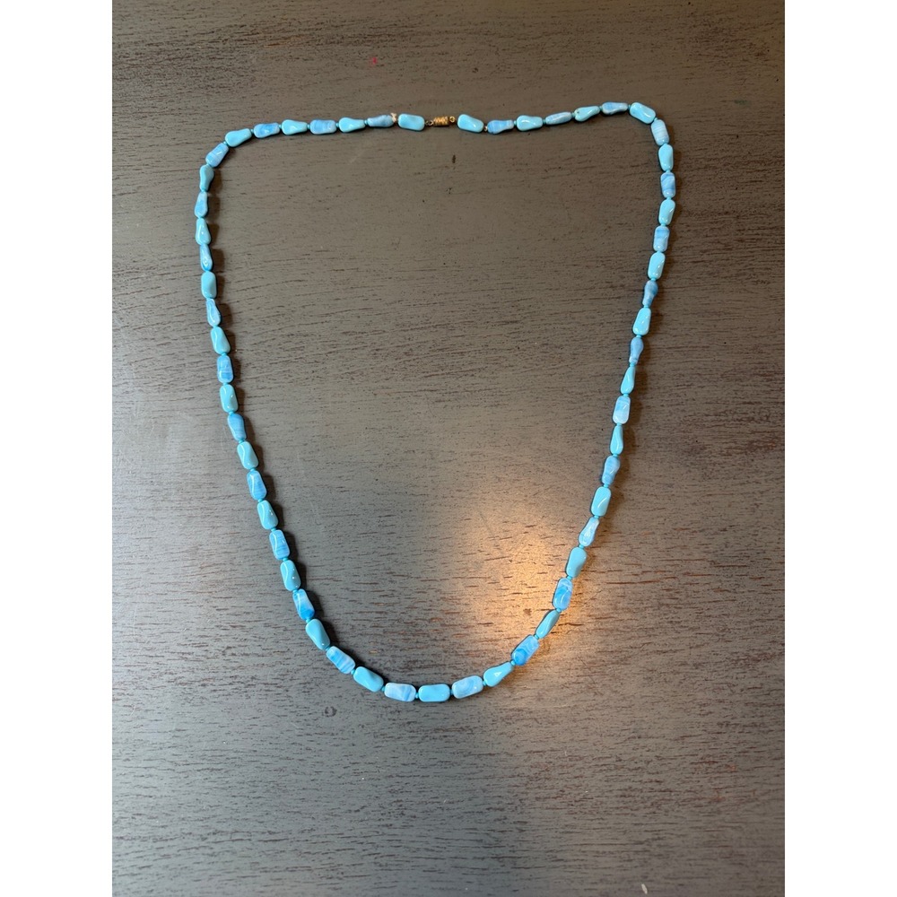 Vintage Blue Marbled Glass Bead Necklace Tumbled Bar Beads Gold Barrel Clasp 20"